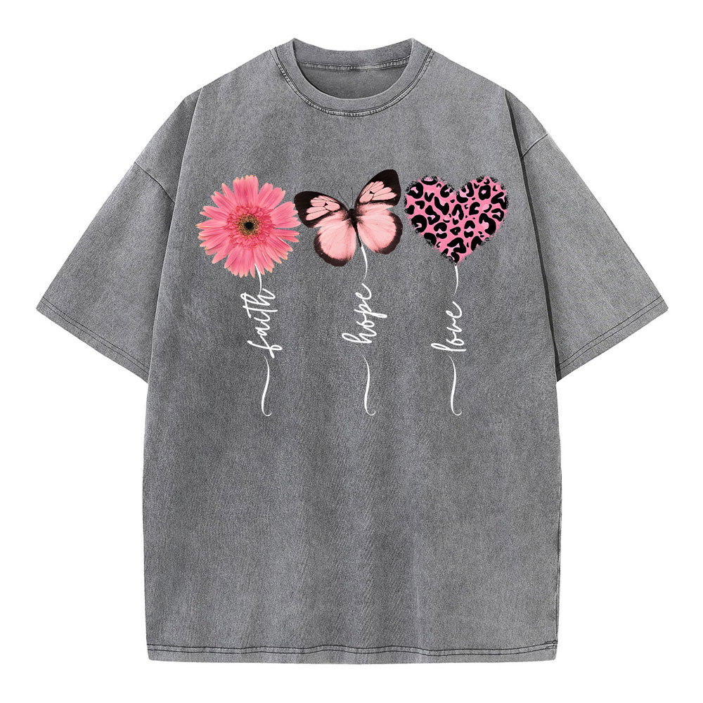 Faith Love Hope Flower Butterfly Heart Christian Washed T-Shirt