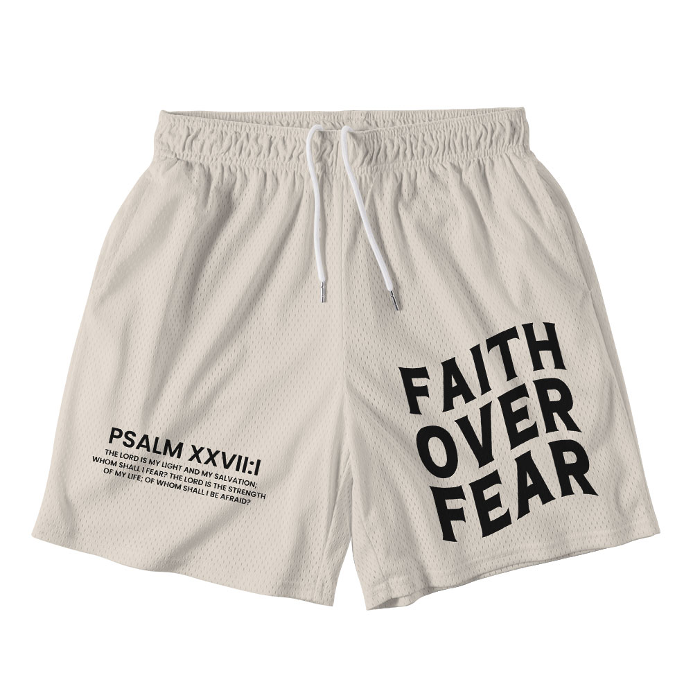 Faith Over Fear Beige Christian Mesh Shorts