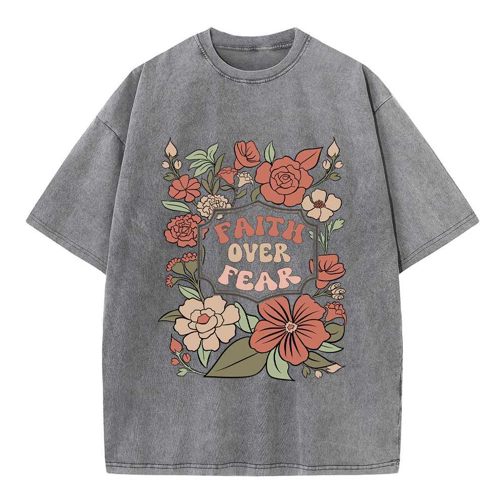 Faith Over Fear Boho Floral Christian Washed T-Shirt