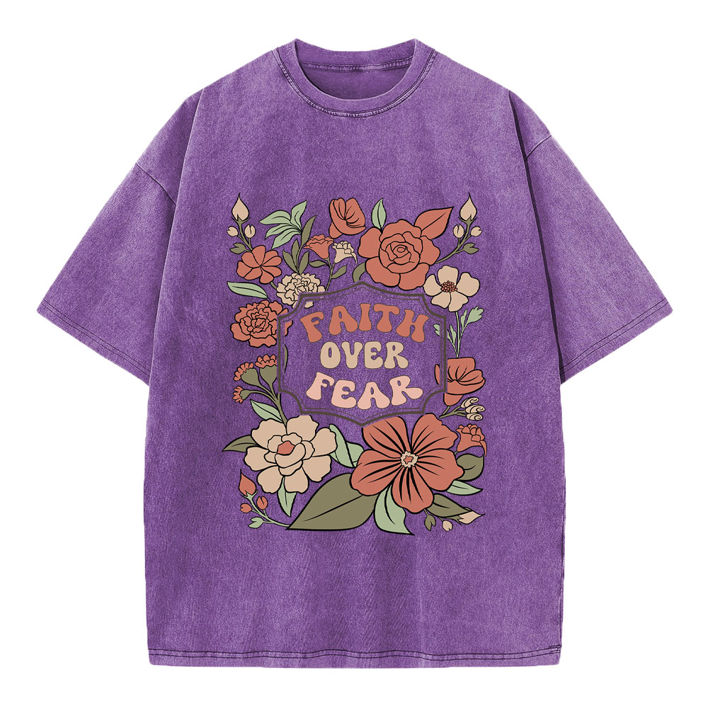 Faith Over Fear Boho Floral Christian Washed T-Shirt