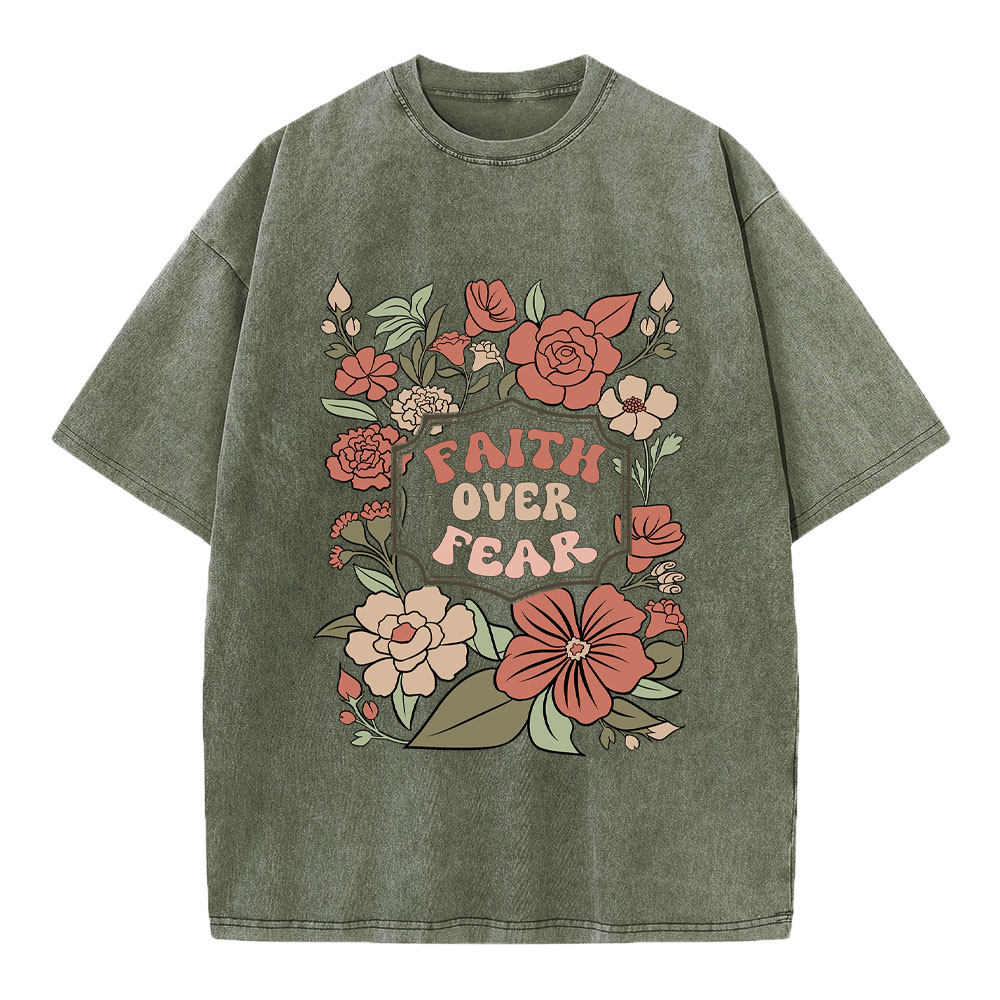 Faith Over Fear Boho Floral Christian Washed T-Shirt