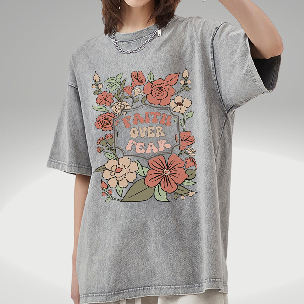 Faith Over Fear Boho Floral Christian Washed T-Shirt