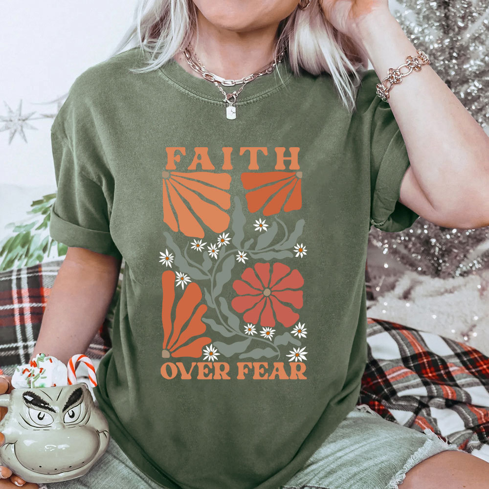 Faith Over Fear Boho Flower Christian Washed T-Shirt