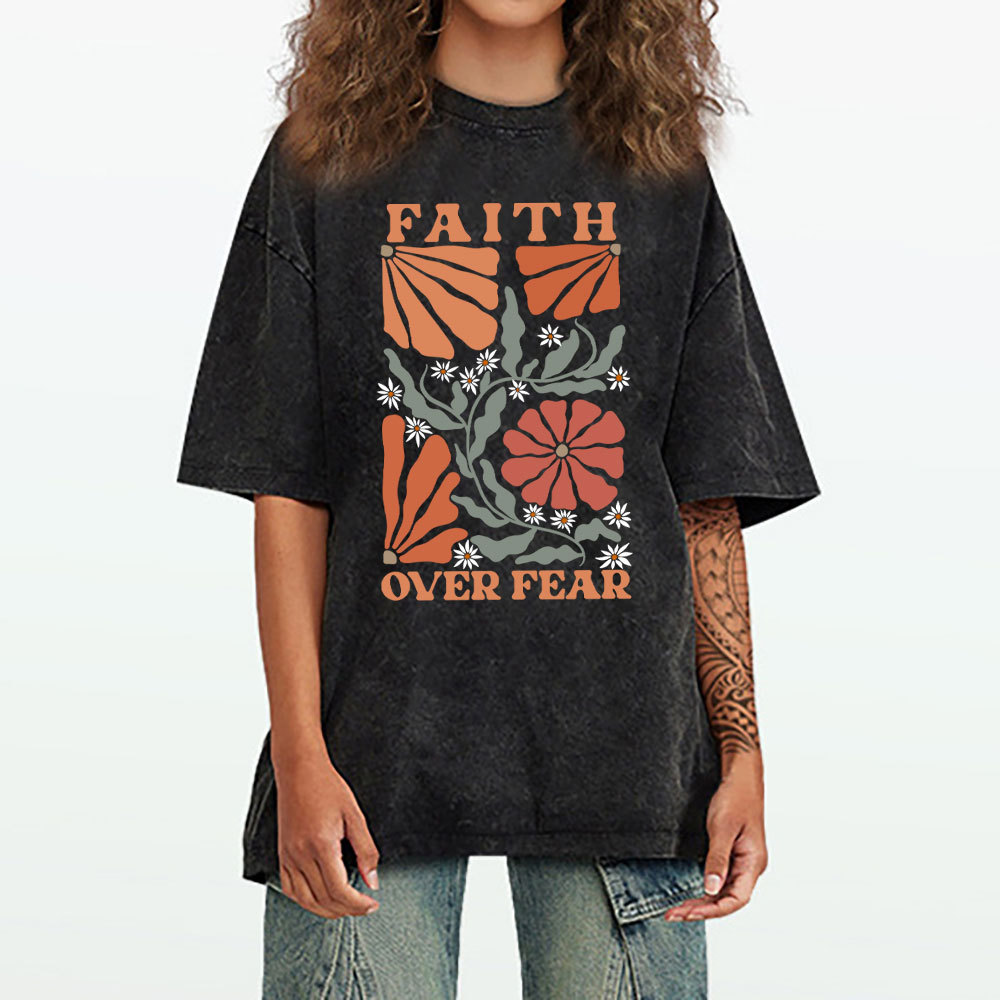 Faith Over Fear Boho Flower Christian Washed T-Shirt