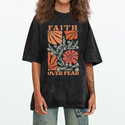 Faith Over Fear Boho Flower Christian Washed T-Shirt