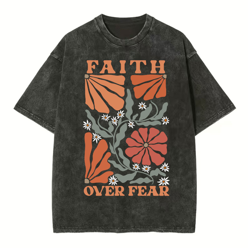Faith Over Fear Boho Flower Christian Washed T-Shirt