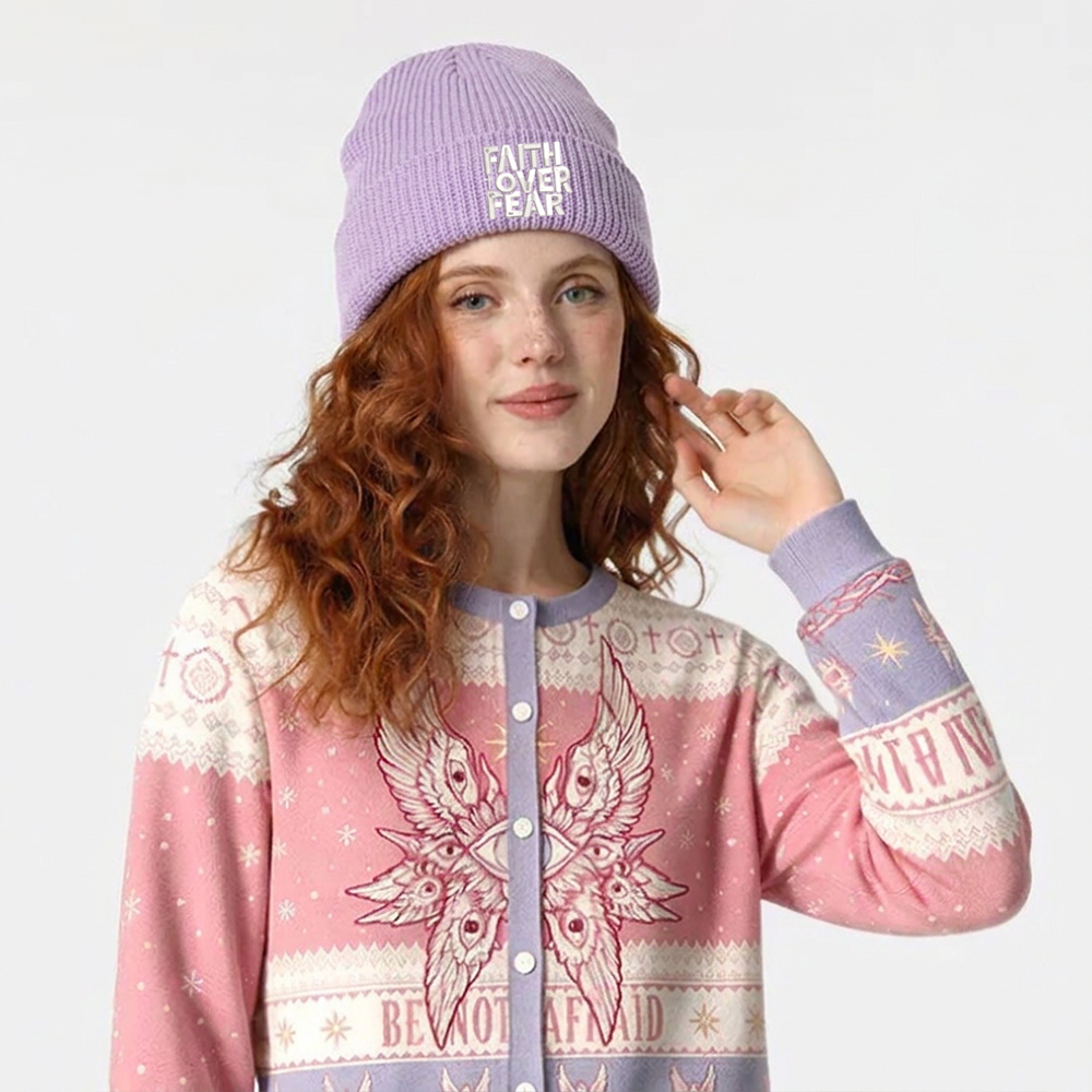 Faith Over Fear Christian Embroidered Knit Beanie