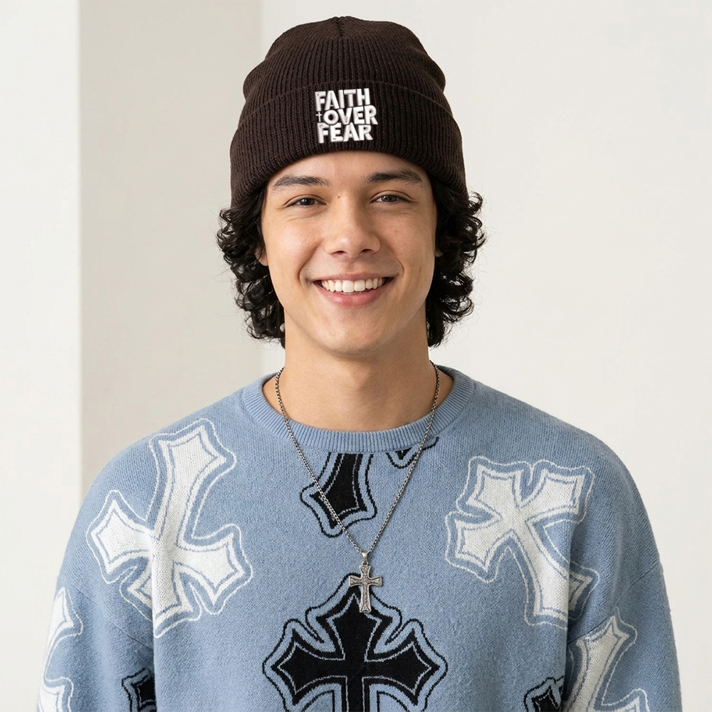 Faith Over Fear Christian Embroidered Knit Beanie