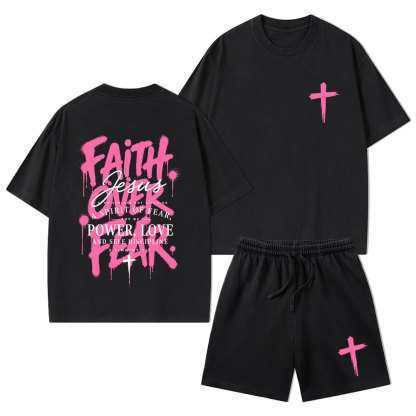 Faith Over Fear Christian Washed T-Shirt & Shorts 