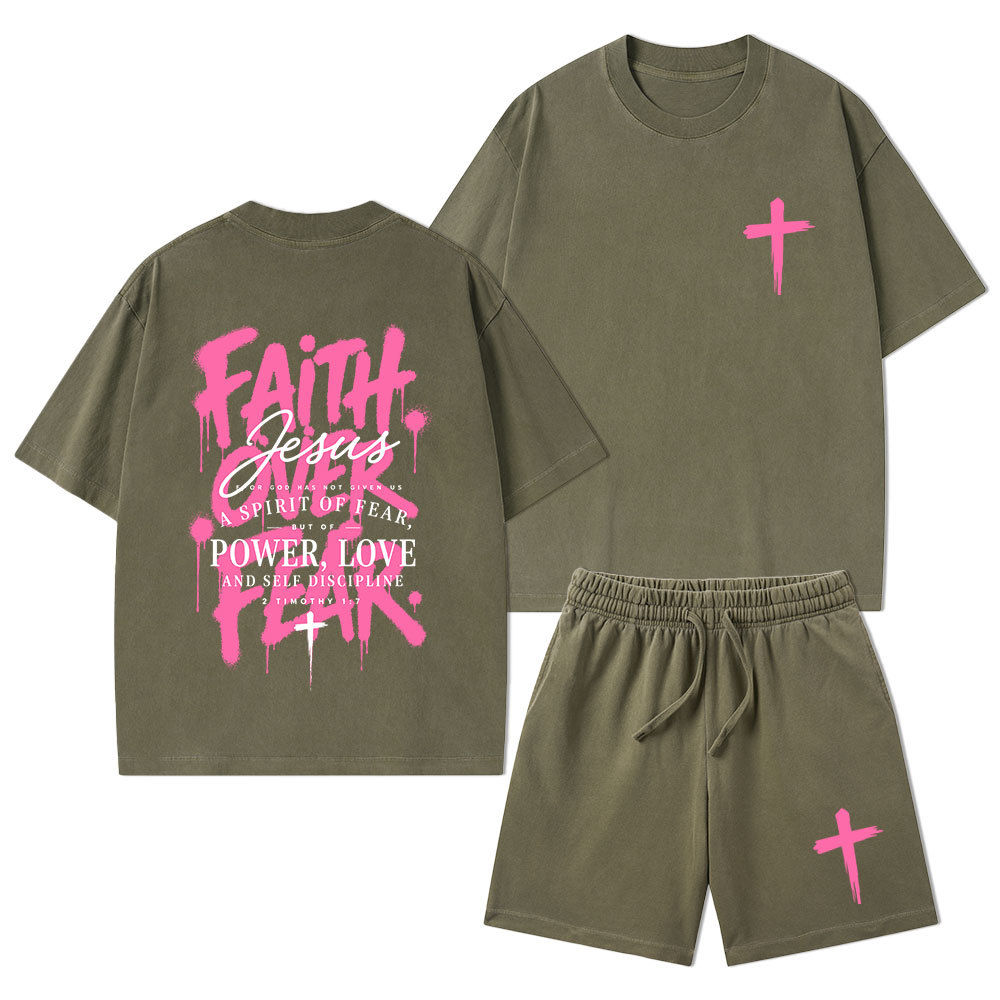 Faith Over Fear Christian Washed T-Shirt & Shorts 