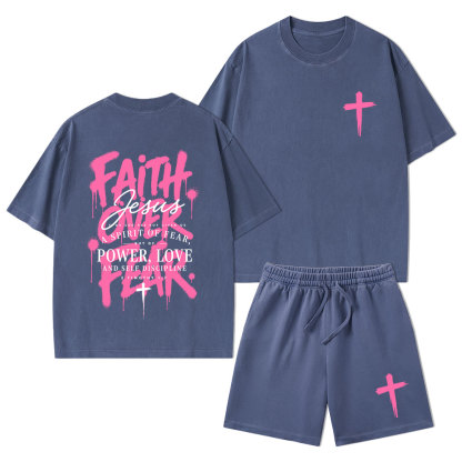 Faith Over Fear Christian Washed T-Shirt & Shorts 