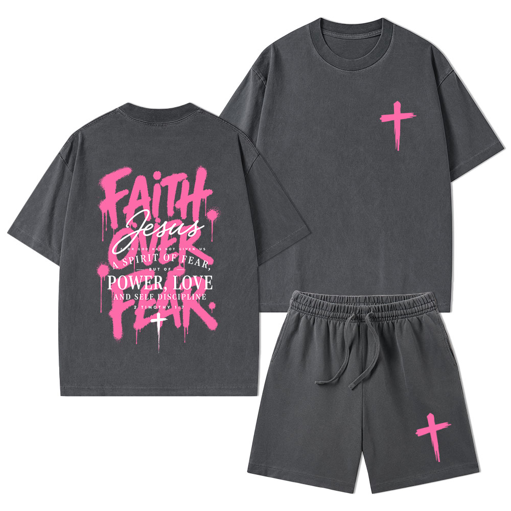 Faith Over Fear Christian Washed T-Shirt & Shorts 
