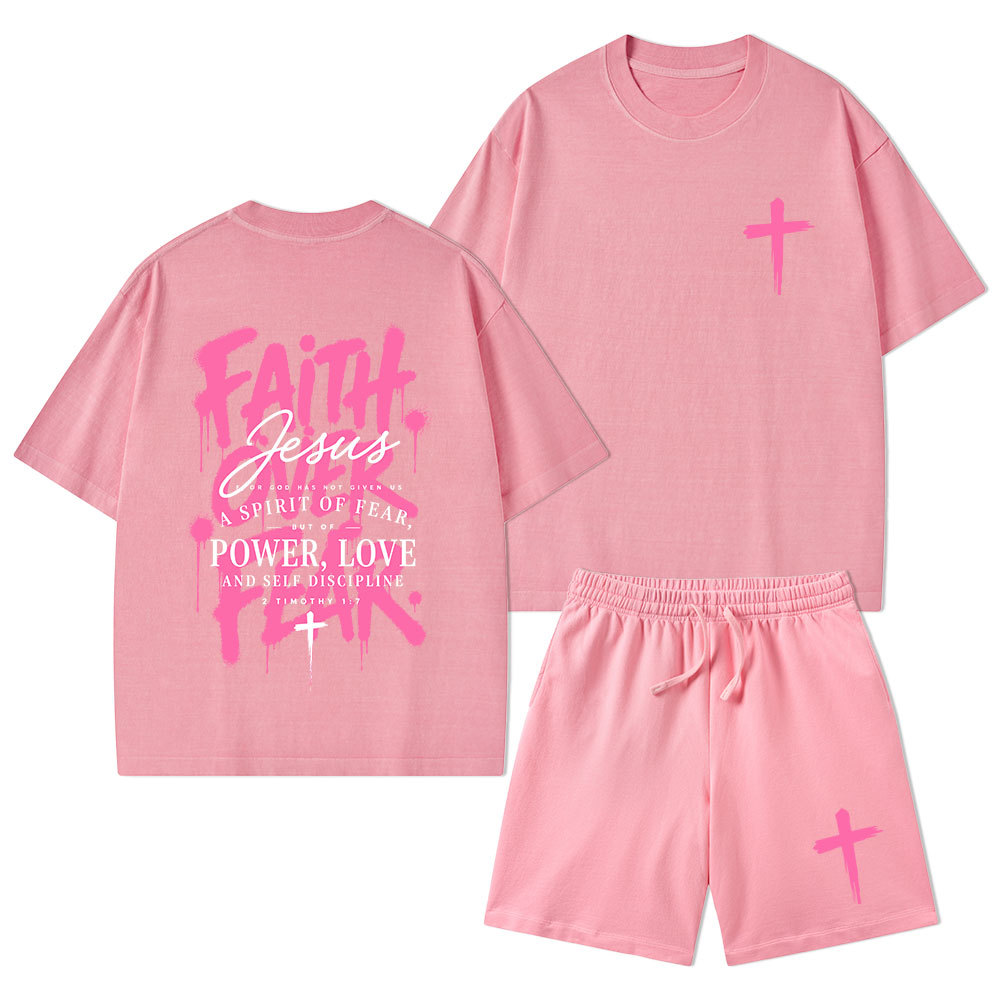 Faith Over Fear Christian Washed T-Shirt & Shorts 