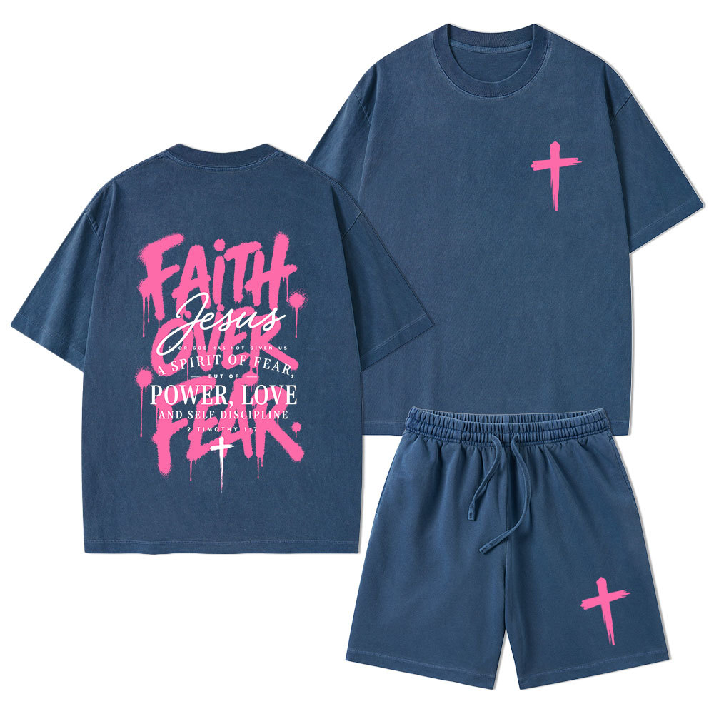 Faith Over Fear Christian Washed T-Shirt & Shorts 