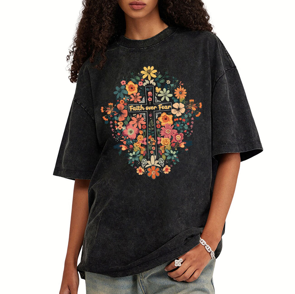 Faith Over Fear Floral Cross Christian Washed T-Shirt