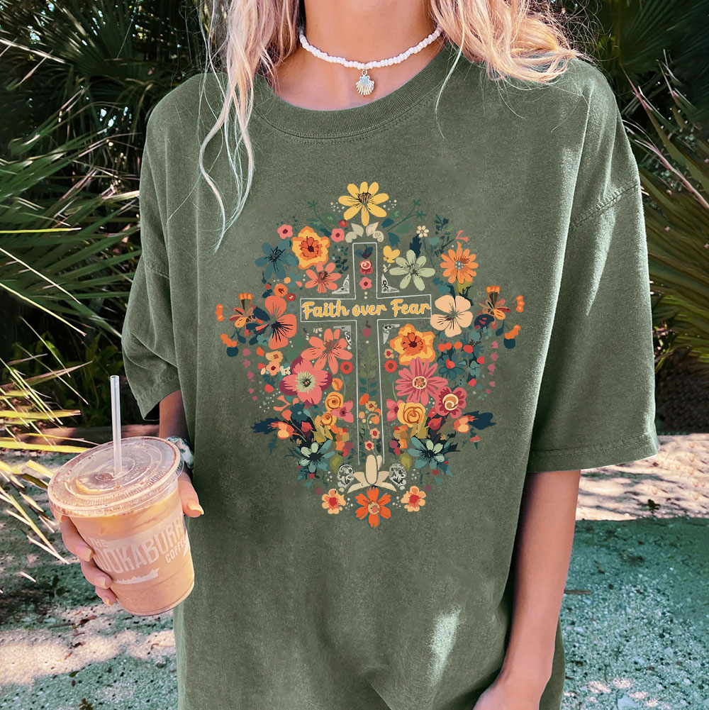 Faith Over Fear Floral Cross Christian Washed T-Shirt
