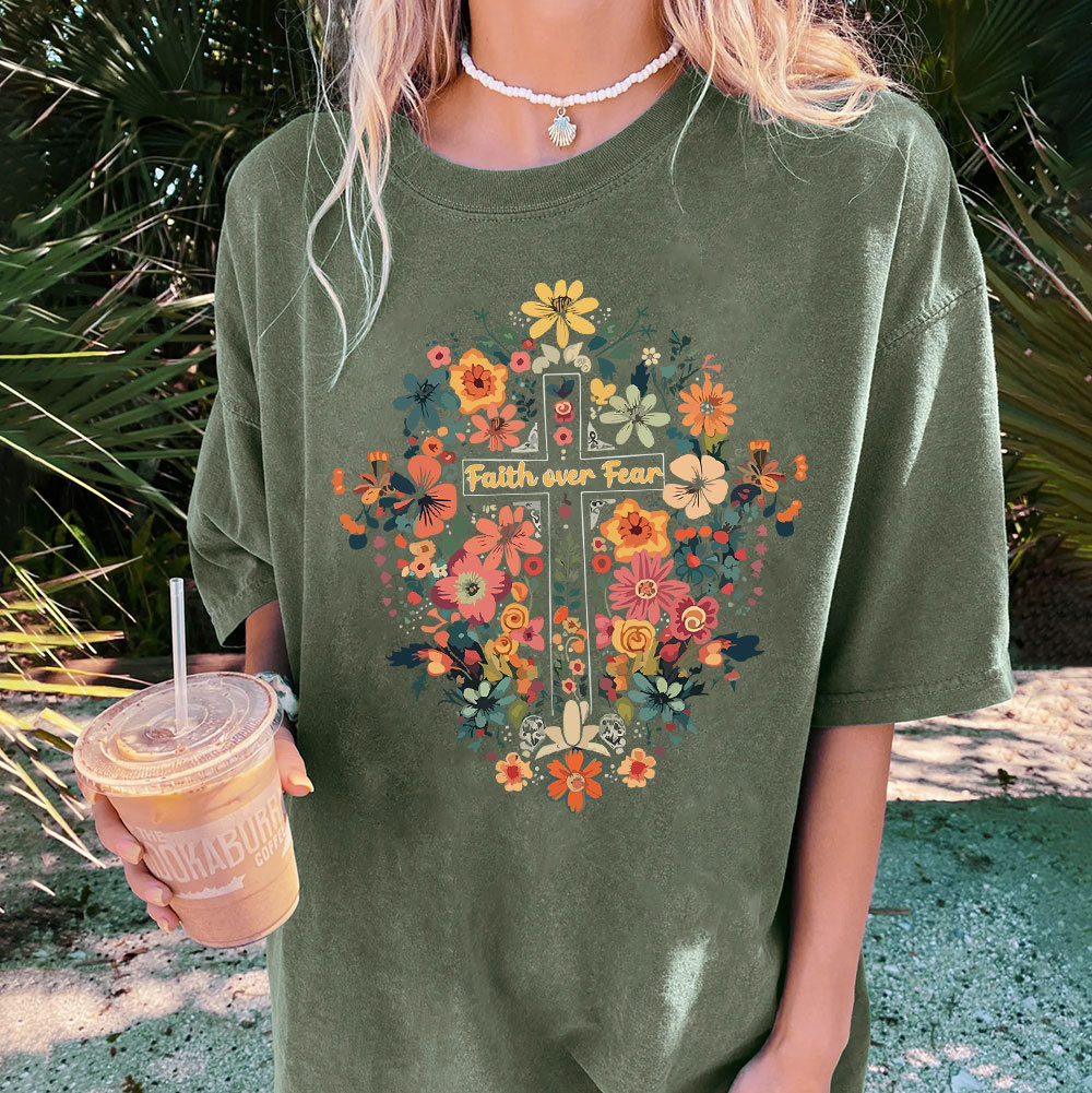 Faith Over Fear Floral Cross Christian Washed T-Shirt