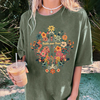 Faith Over Fear Floral Cross Christian Washed T-Shirt