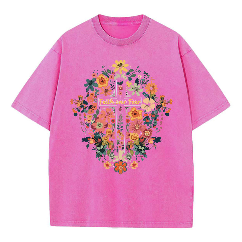 Faith Over Fear Floral Cross Christian Washed T-Shirt