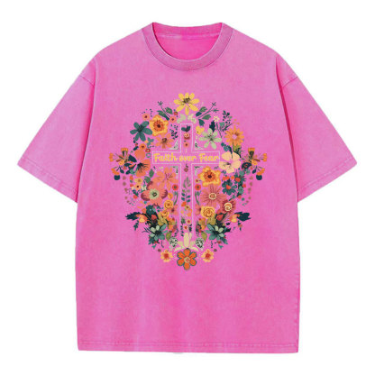 Faith Over Fear Floral Cross Christian Washed T-Shirt