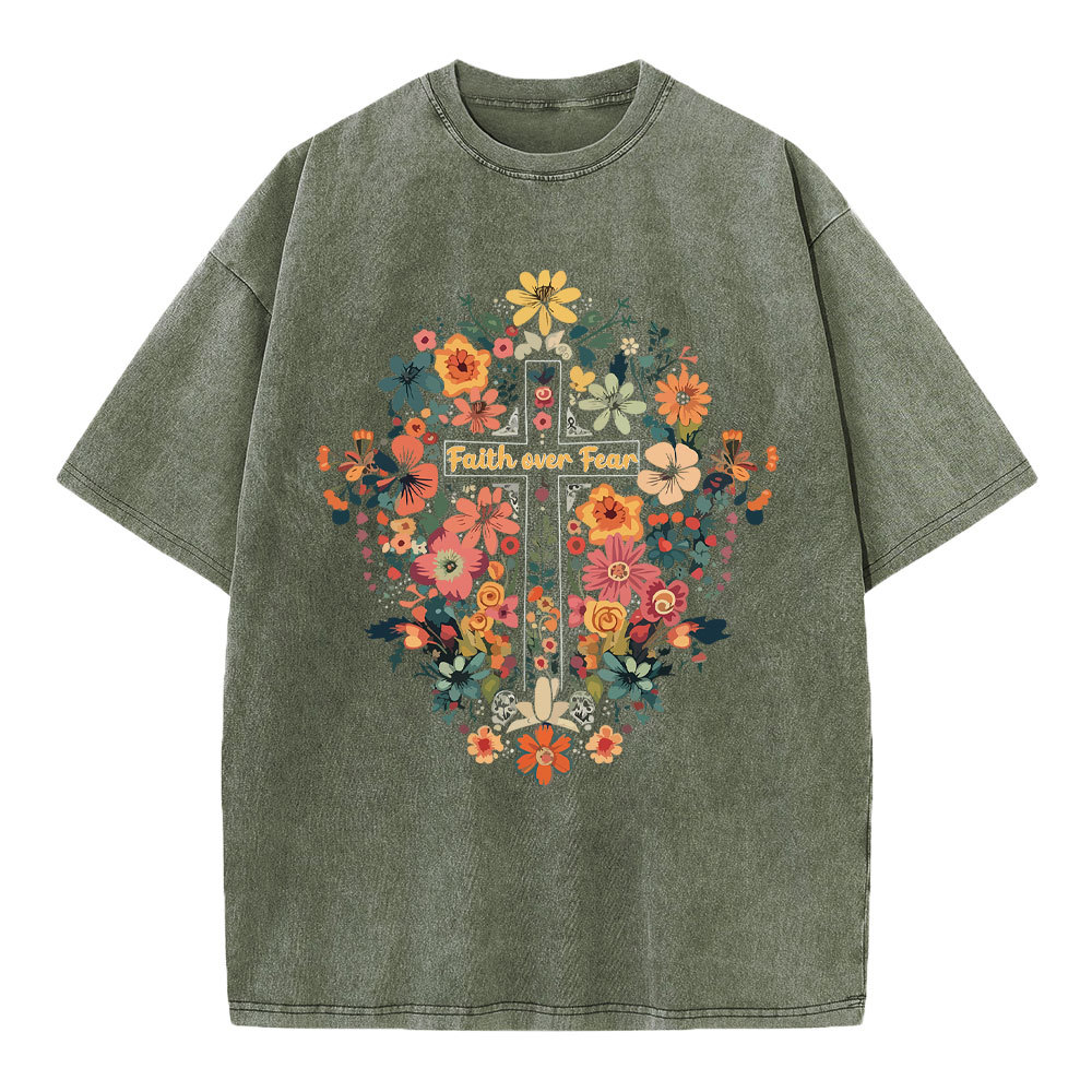 Faith Over Fear Floral Cross Christian Washed T-Shirt