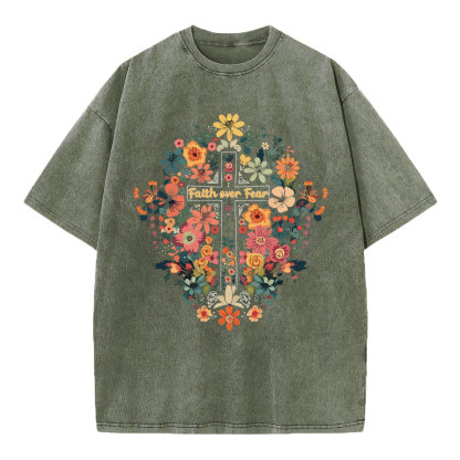 Faith Over Fear Floral Cross Christian Washed T-Shirt