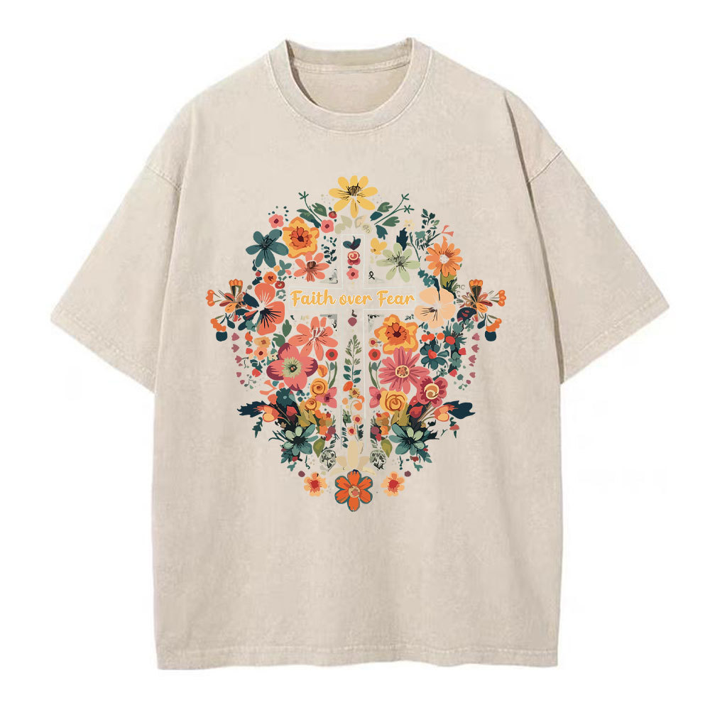 Faith Over Fear Floral Cross Christian Washed T-Shirt