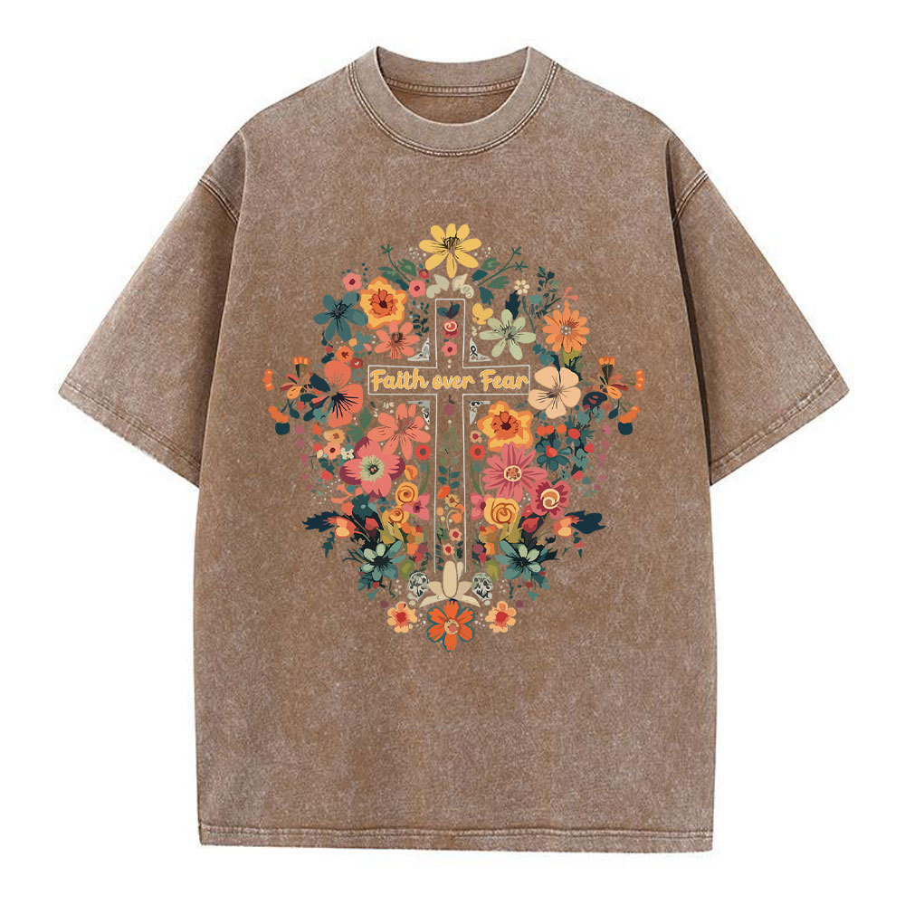 Faith Over Fear Floral Cross Christian Washed T-Shirt