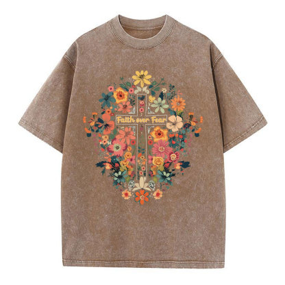 Faith Over Fear Floral Cross Christian Washed T-Shirt