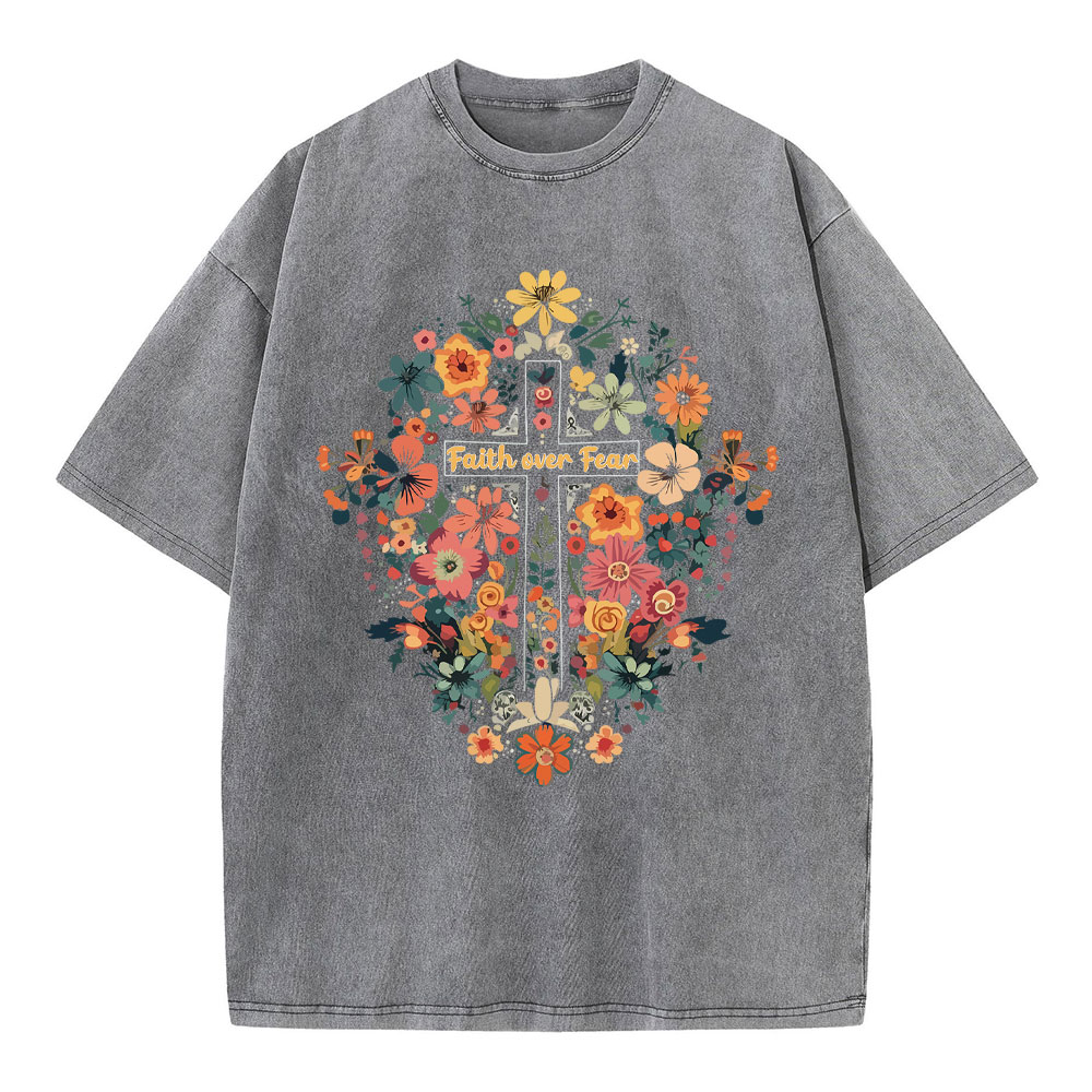 Faith Over Fear Floral Cross Christian Washed T-Shirt