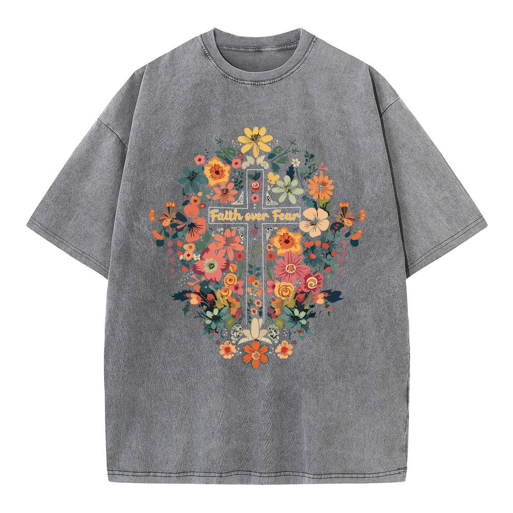 Faith Over Fear Floral Cross Christian Washed T-Shirt