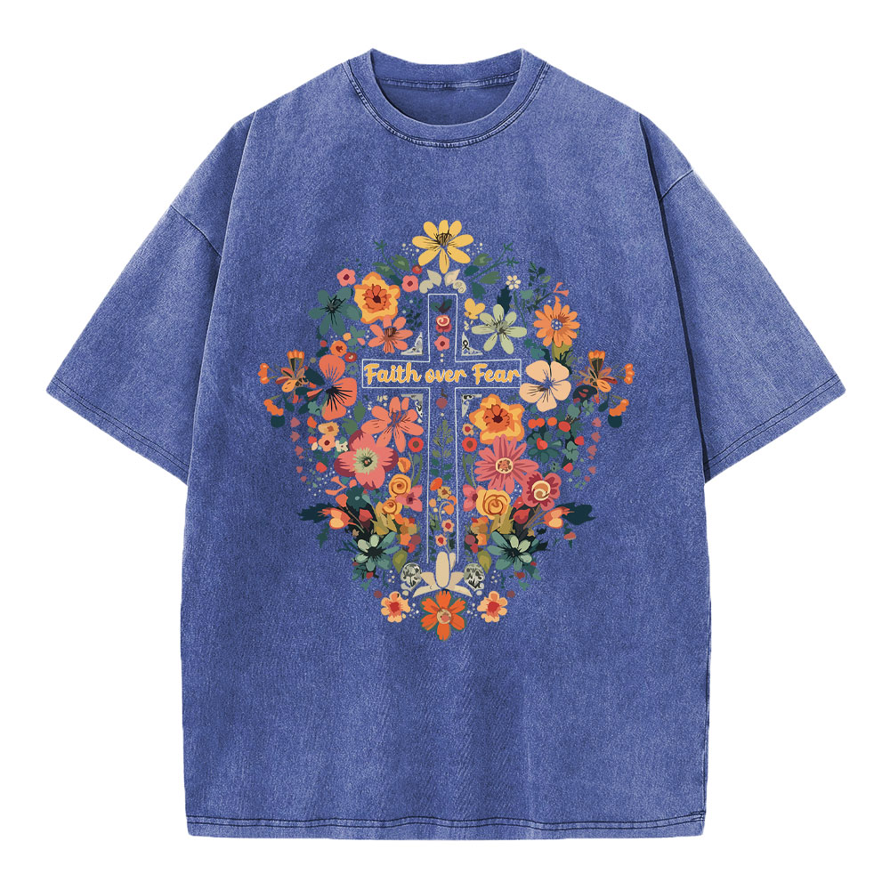 Faith Over Fear Floral Cross Christian Washed T-Shirt