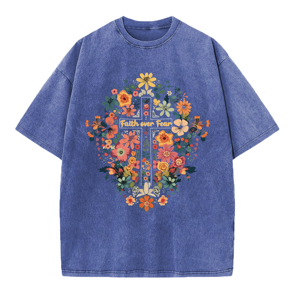 Faith Over Fear Floral Cross Christian Washed T-Shirt
