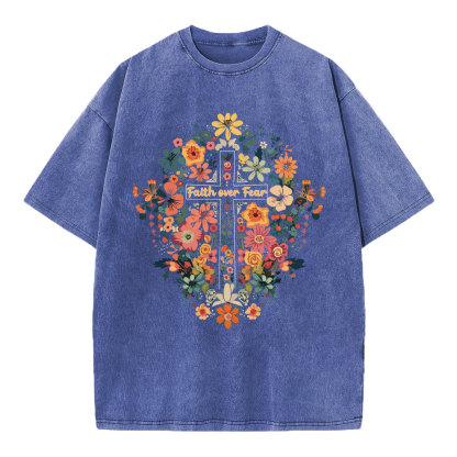 Faith Over Fear Floral Cross Christian Washed T-Shirt