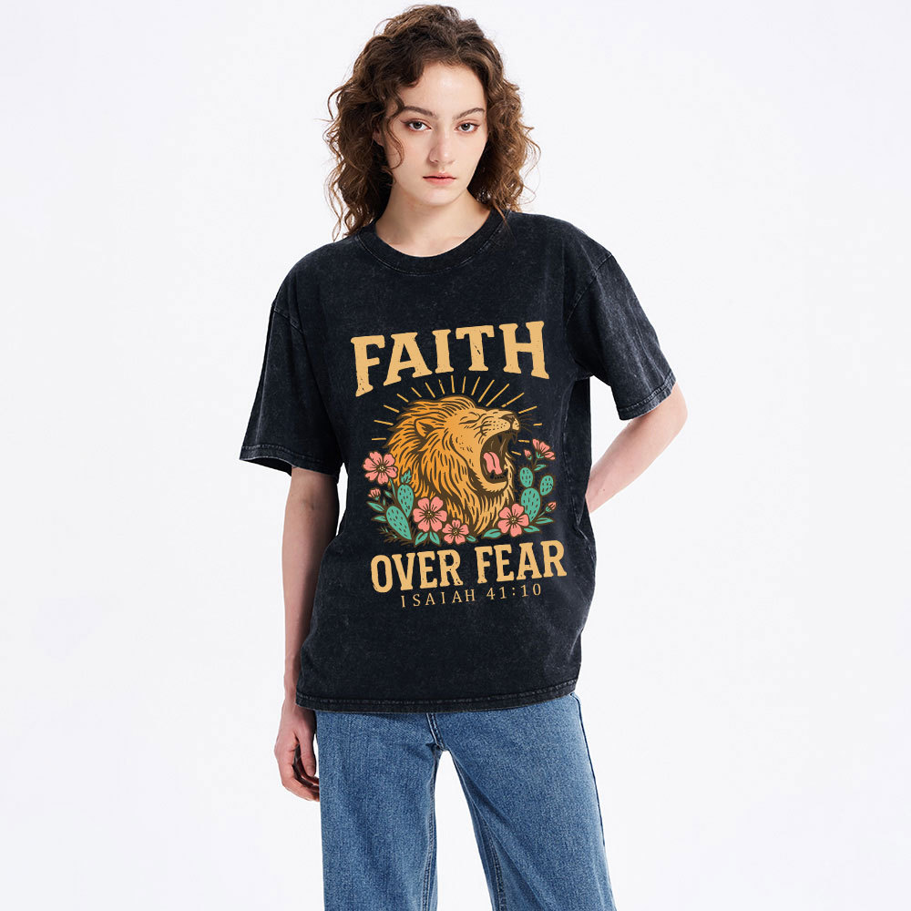 Faith Over Fear Flower Lion Christian Washed T-Shirt