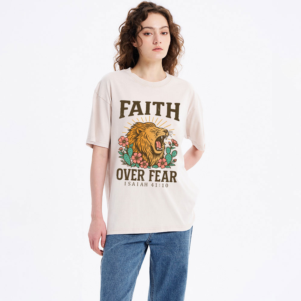 Faith Over Fear Flower Lion Christian Washed T-Shirt