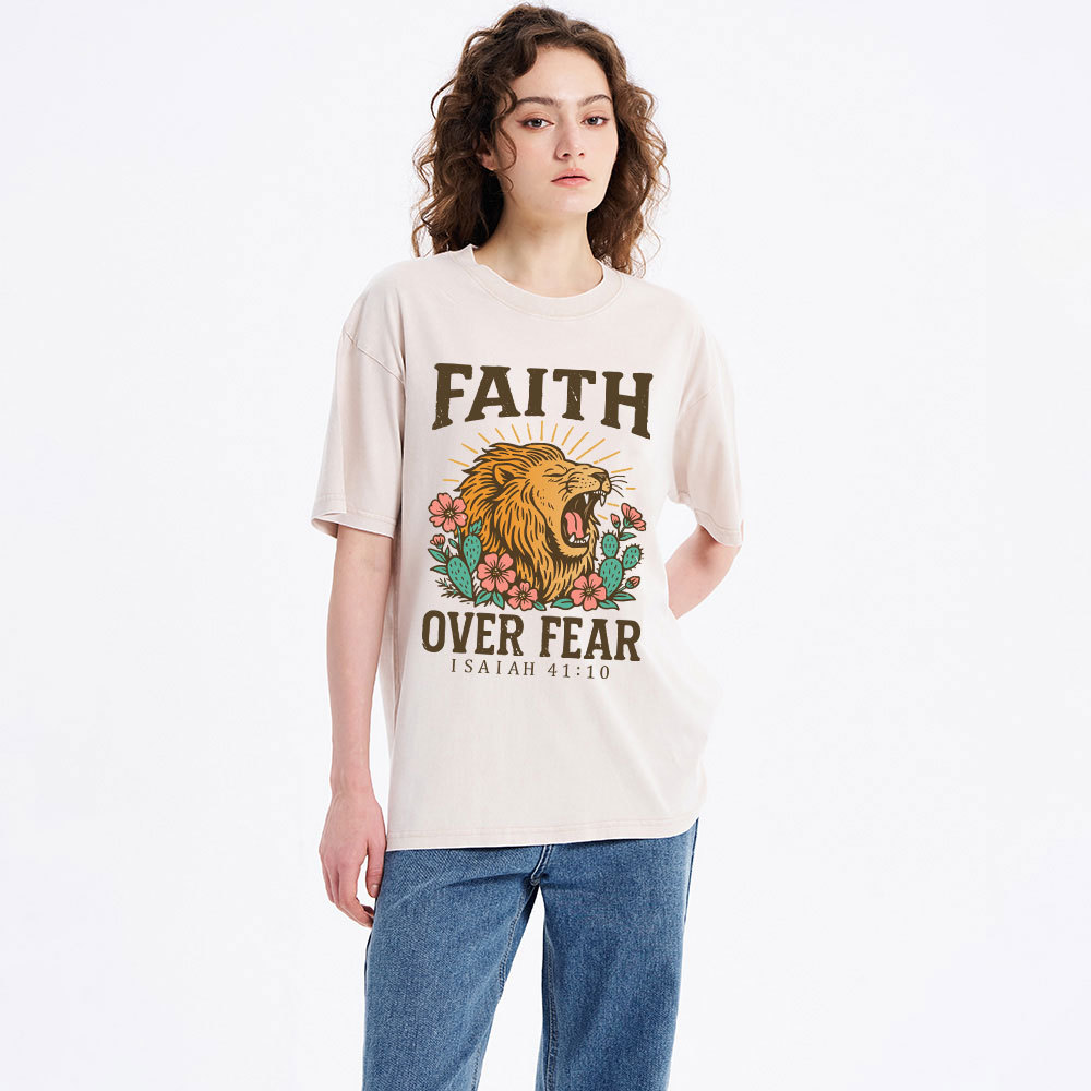 Faith Over Fear Flower Lion Christian Washed T-Shirt