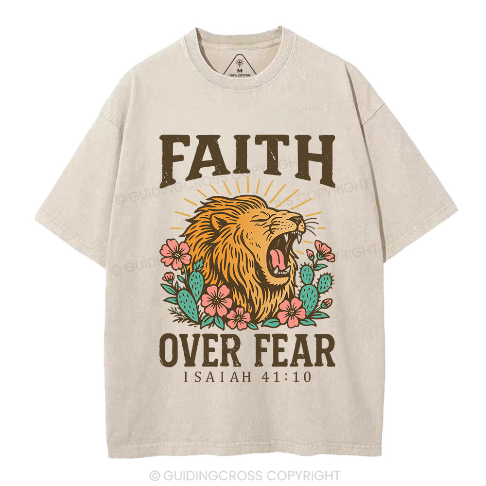 Faith Over Fear Flower Lion Christian Washed T-Shirt