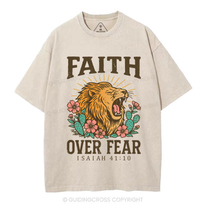 Faith Over Fear Flower Lion Christian Washed T-Shirt