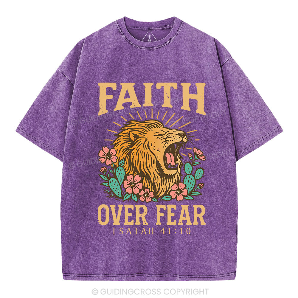 Faith Over Fear Flower Lion Christian Washed T-Shirt