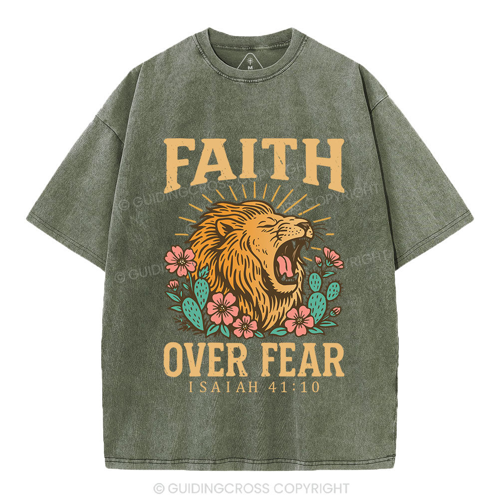 Faith Over Fear Flower Lion Christian Washed T-Shirt