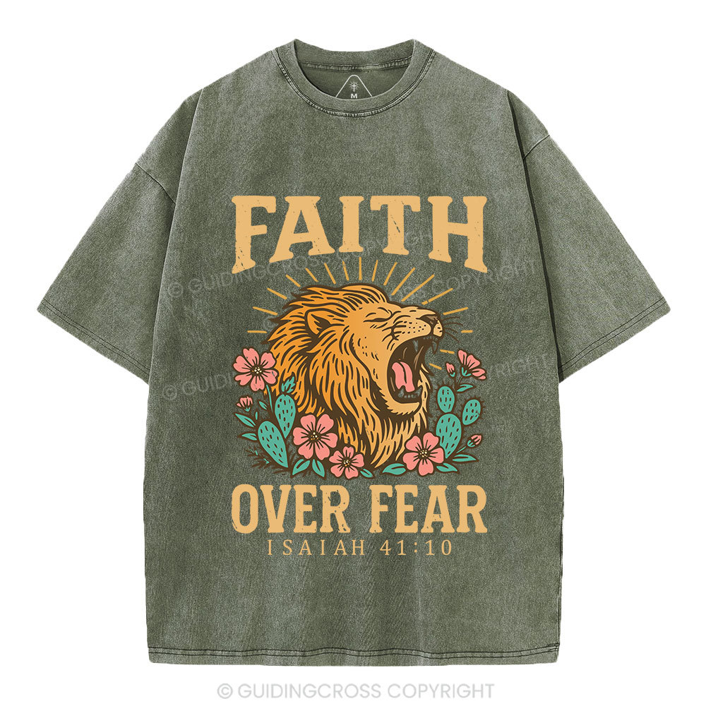 Faith Over Fear Flower Lion Christian Washed T-Shirt