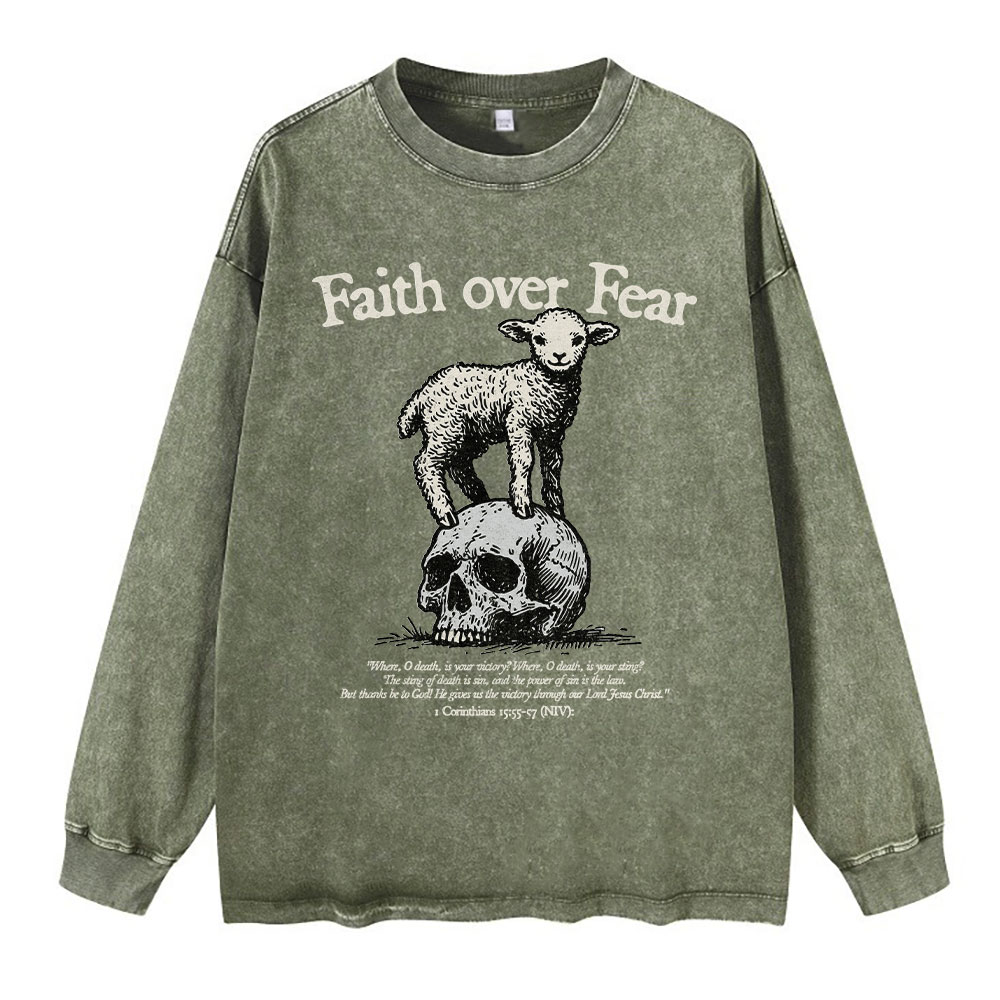 Faith Over Fear Lamb Christian Washed Long Sleeve T-Shirt