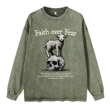 Faith Over Fear Lamb Christian Washed Long Sleeve T-Shirt