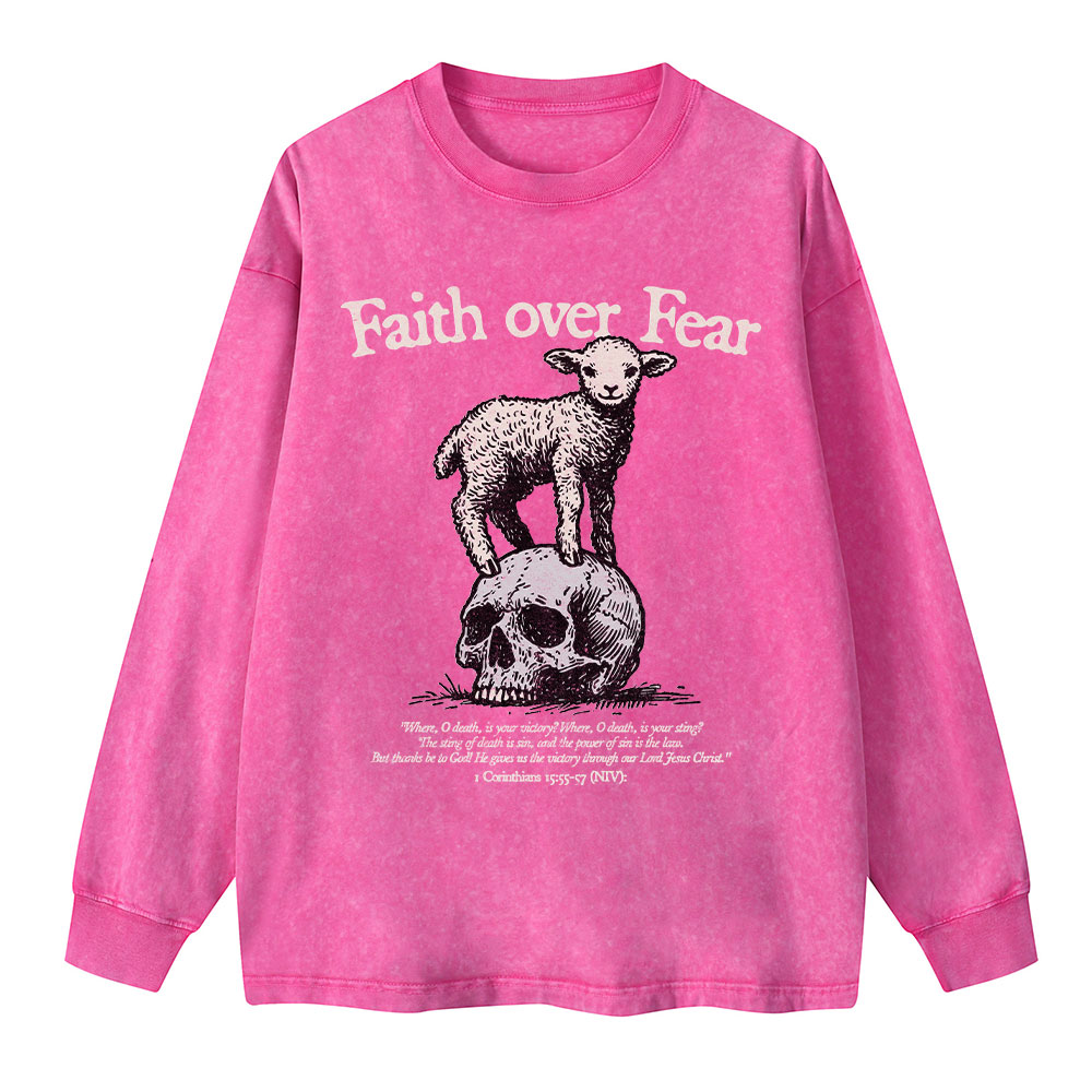 Faith Over Fear Lamb Christian Washed Long Sleeve T-Shirt