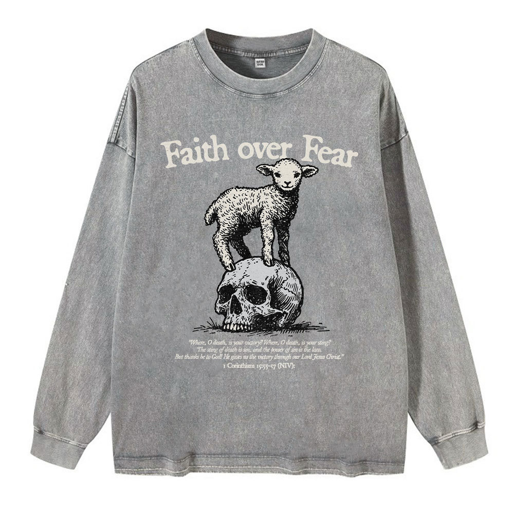 Faith Over Fear Lamb Christian Washed Long Sleeve T-Shirt