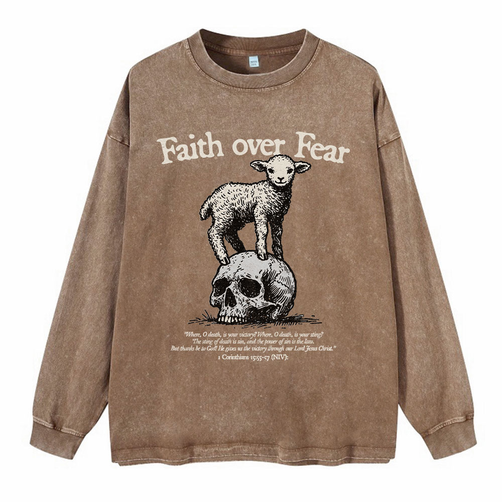 Faith Over Fear Lamb Christian Washed Long Sleeve T-Shirt