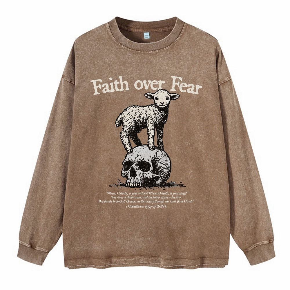 Faith Over Fear Lamb Christian Washed Long Sleeve T-Shirt