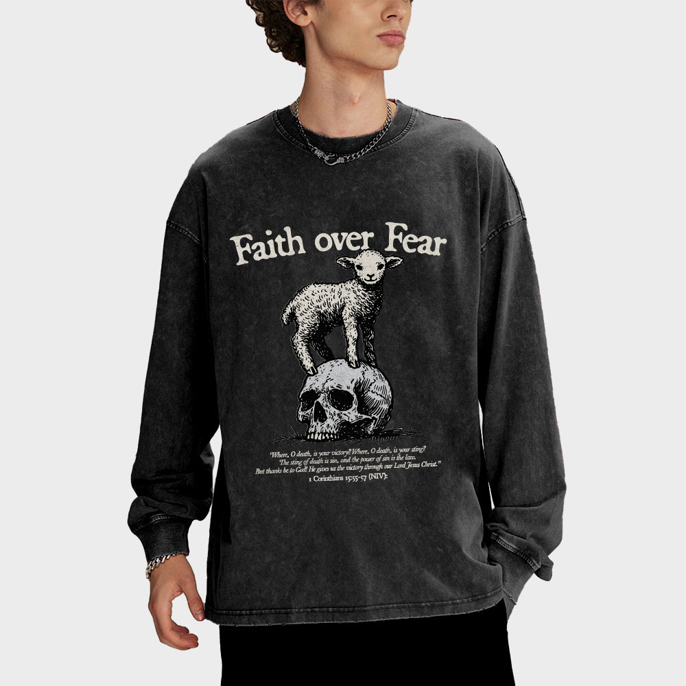 Faith Over Fear Lamb Christian Washed Long Sleeve T-Shirt