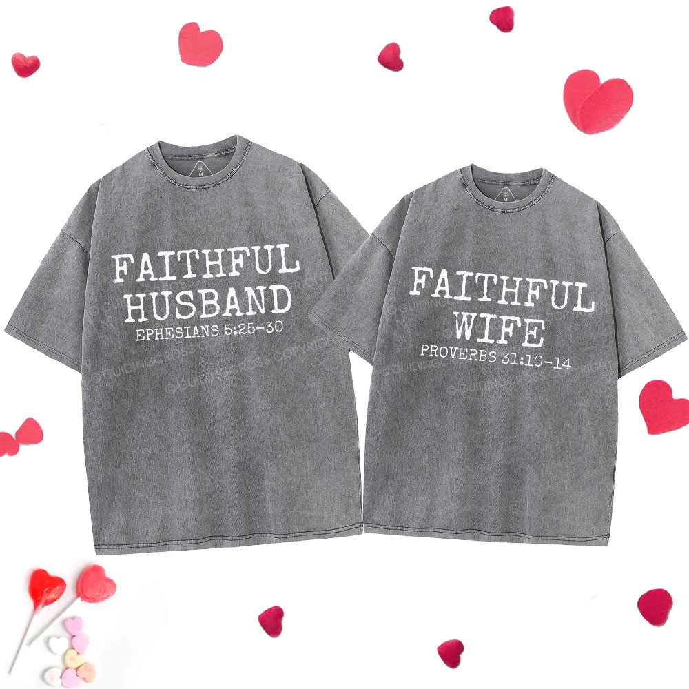 Faithful Husban Wife Christian Couple Washed T-Shirt